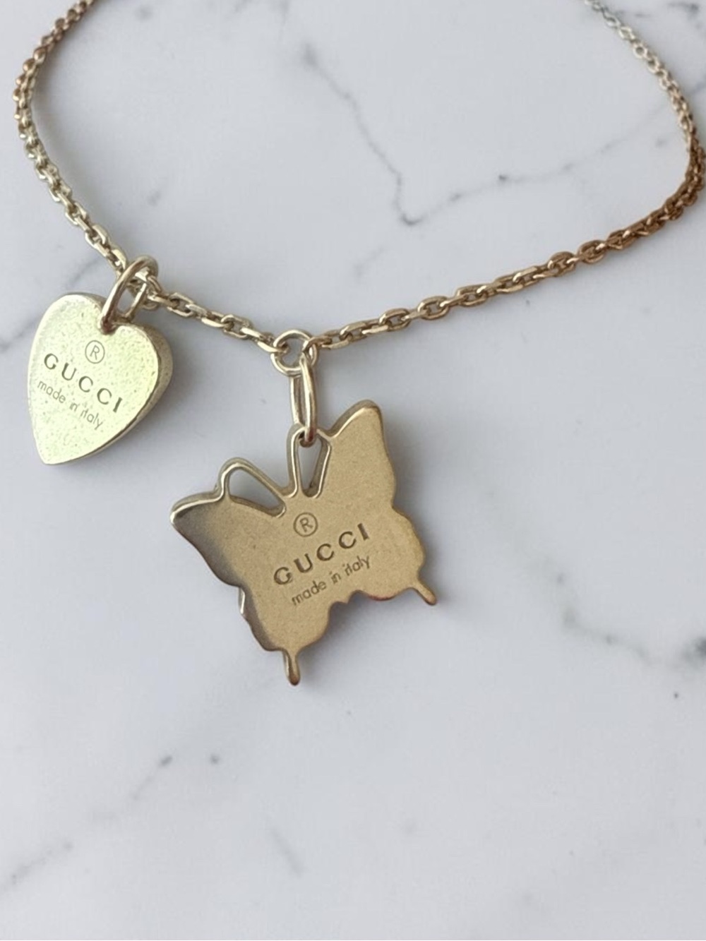 GUCCI 925 Sterling Silver Trademark Heart Butterfly Charm Chain Bracelet 16